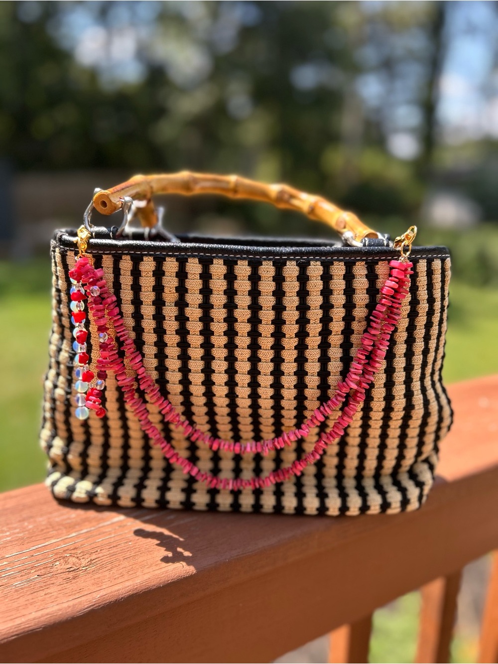 Handmade pink and red beaded bag chain